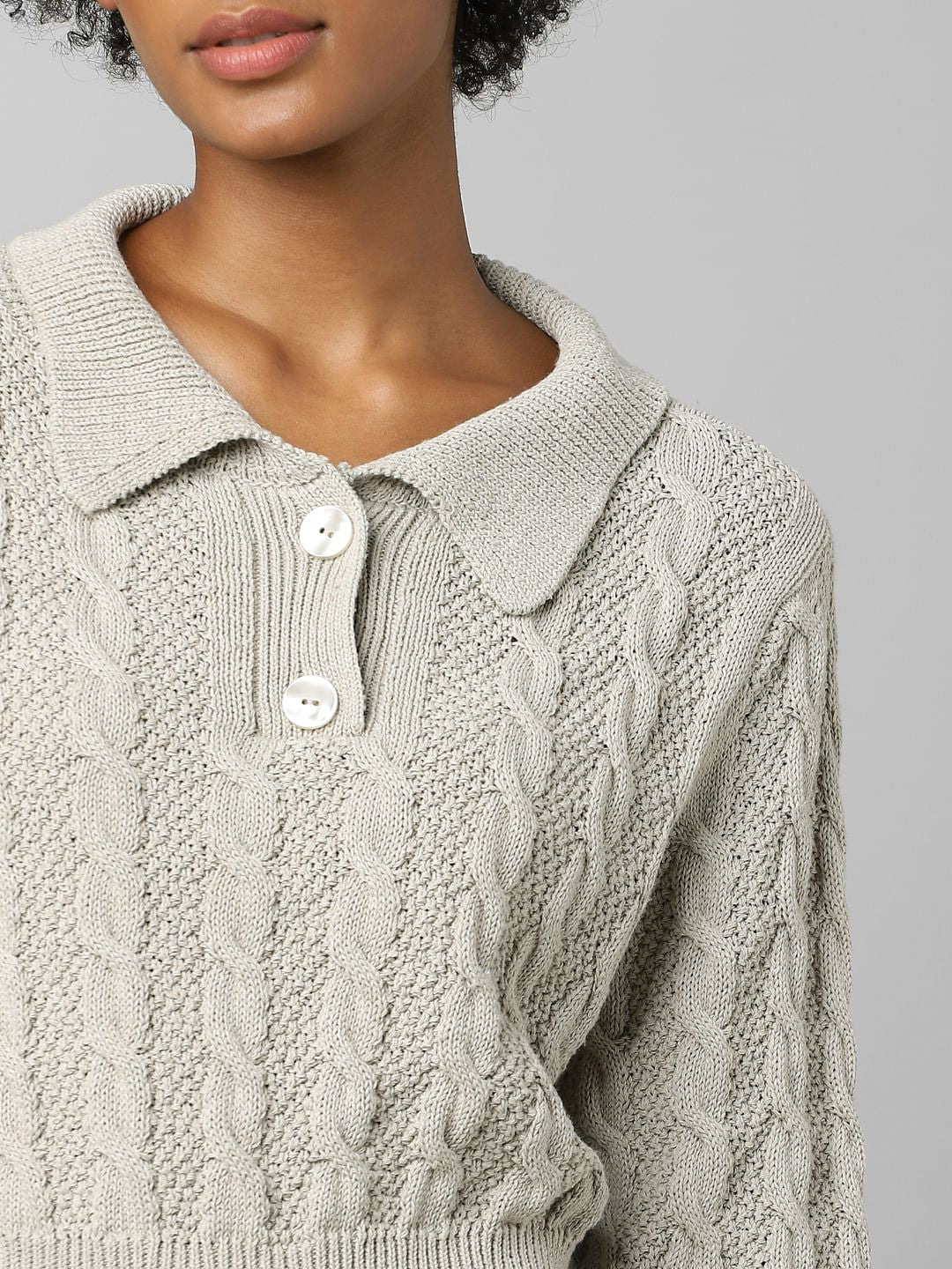 Beige Cropped Polo Pullover