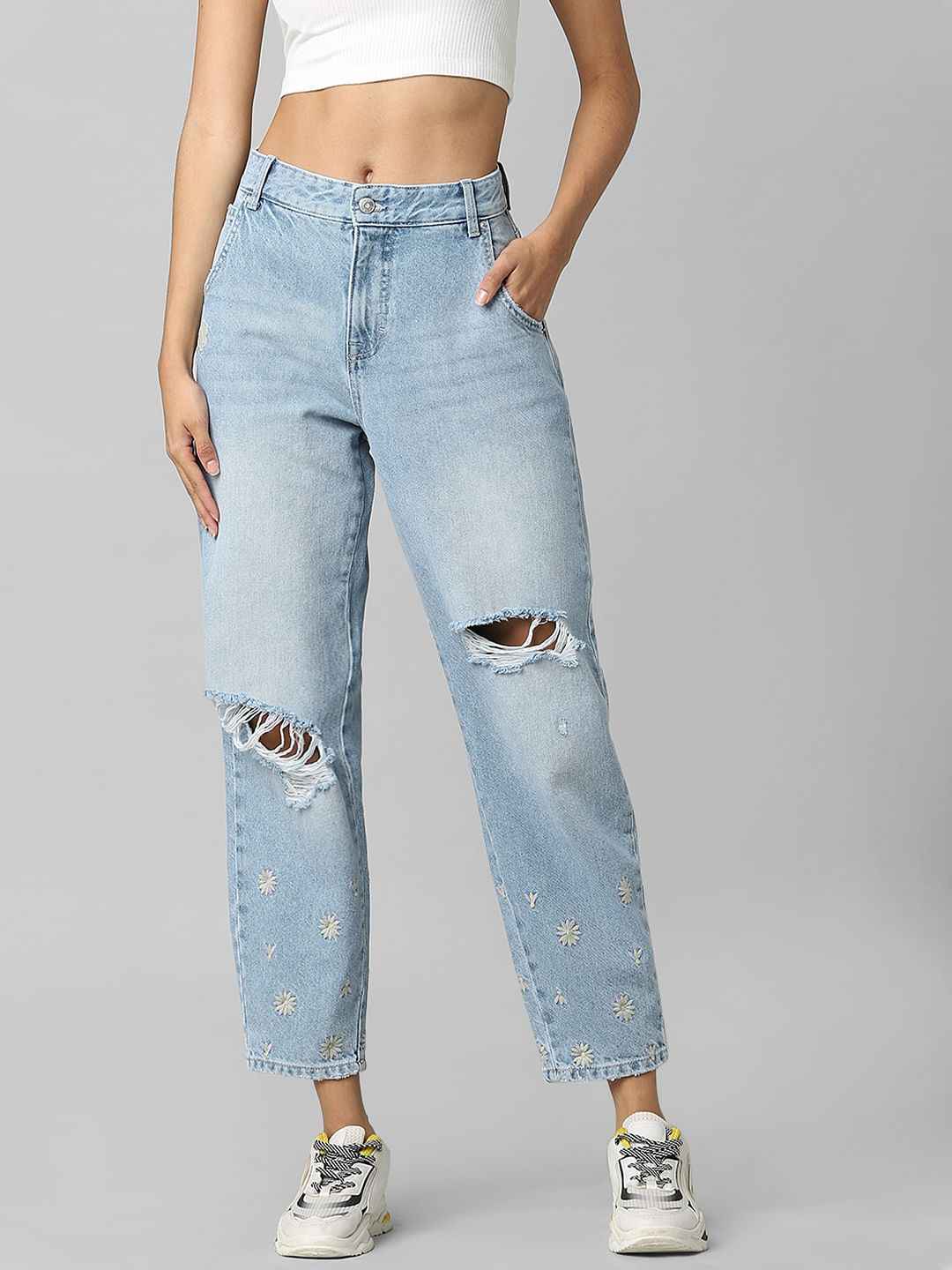Blue High Rise Distressed Carrot Fit Jeans