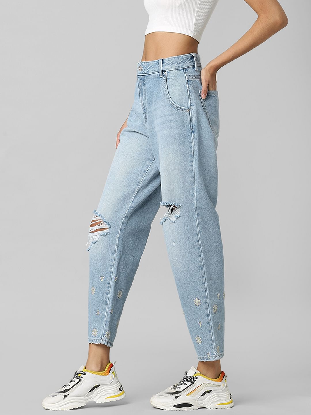 Blue High Rise Distressed Carrot Fit Jeans