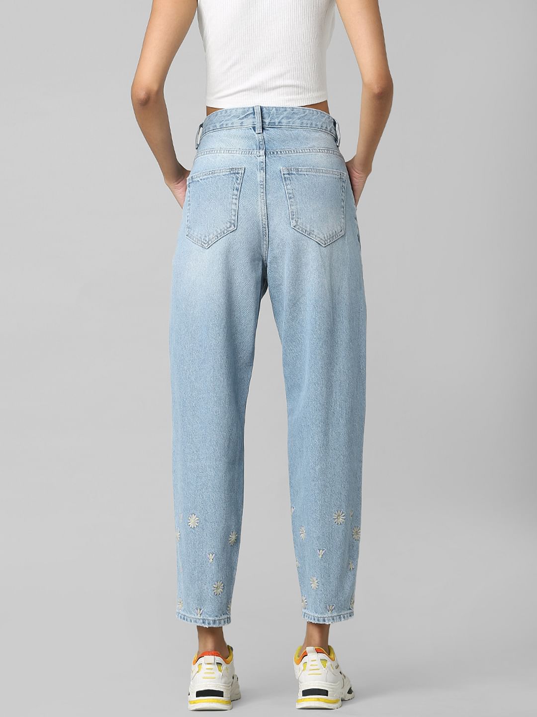 Blue High Rise Distressed Carrot Fit Jeans