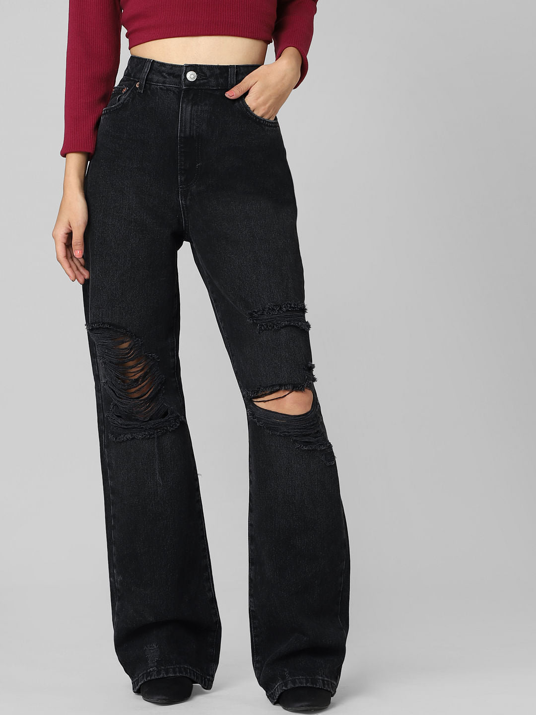 Black High Rise Distressed Wide Leg Jeans