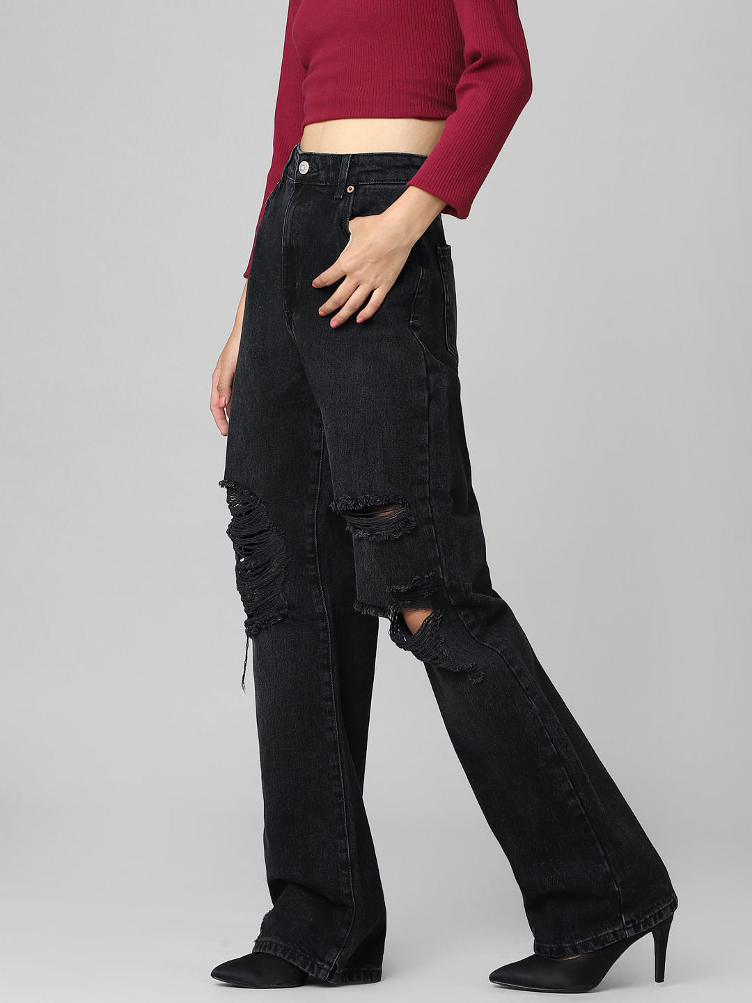 Black High Rise Distressed Wide Leg Jeans