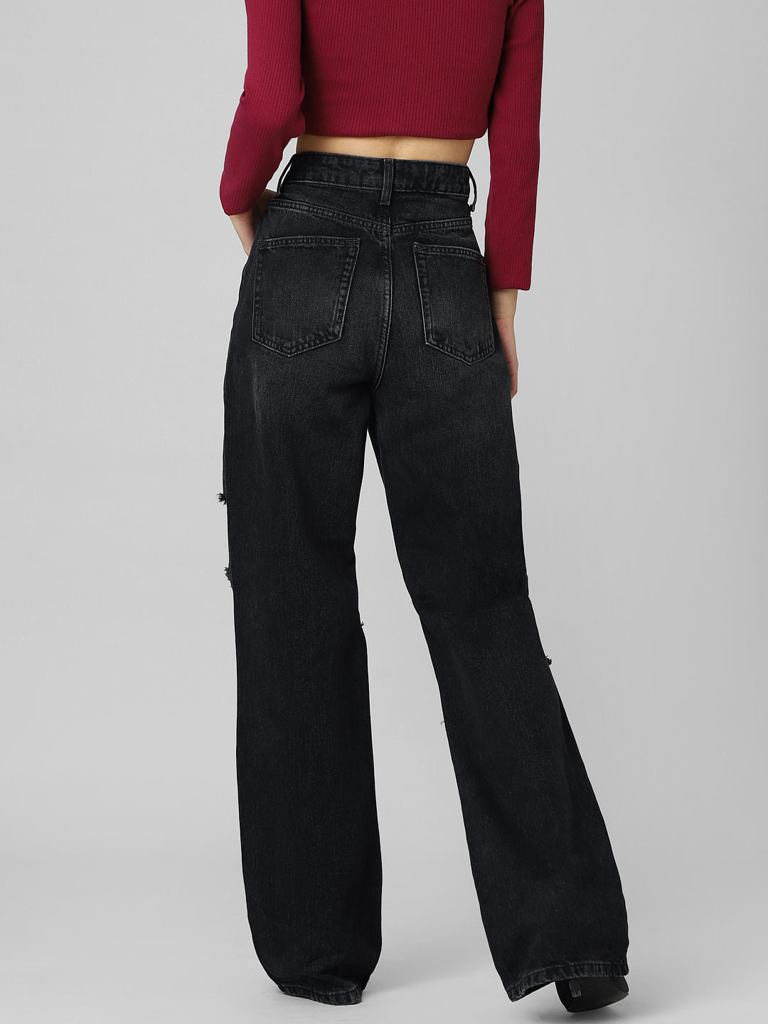Black High Rise Distressed Wide Leg Jeans