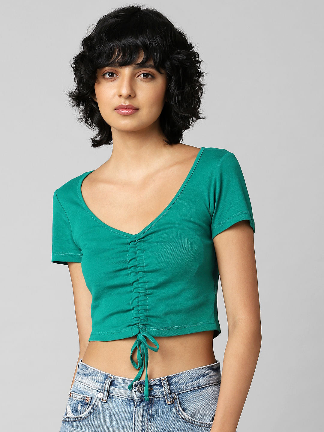 Green Ruching Ribbed Crop Top