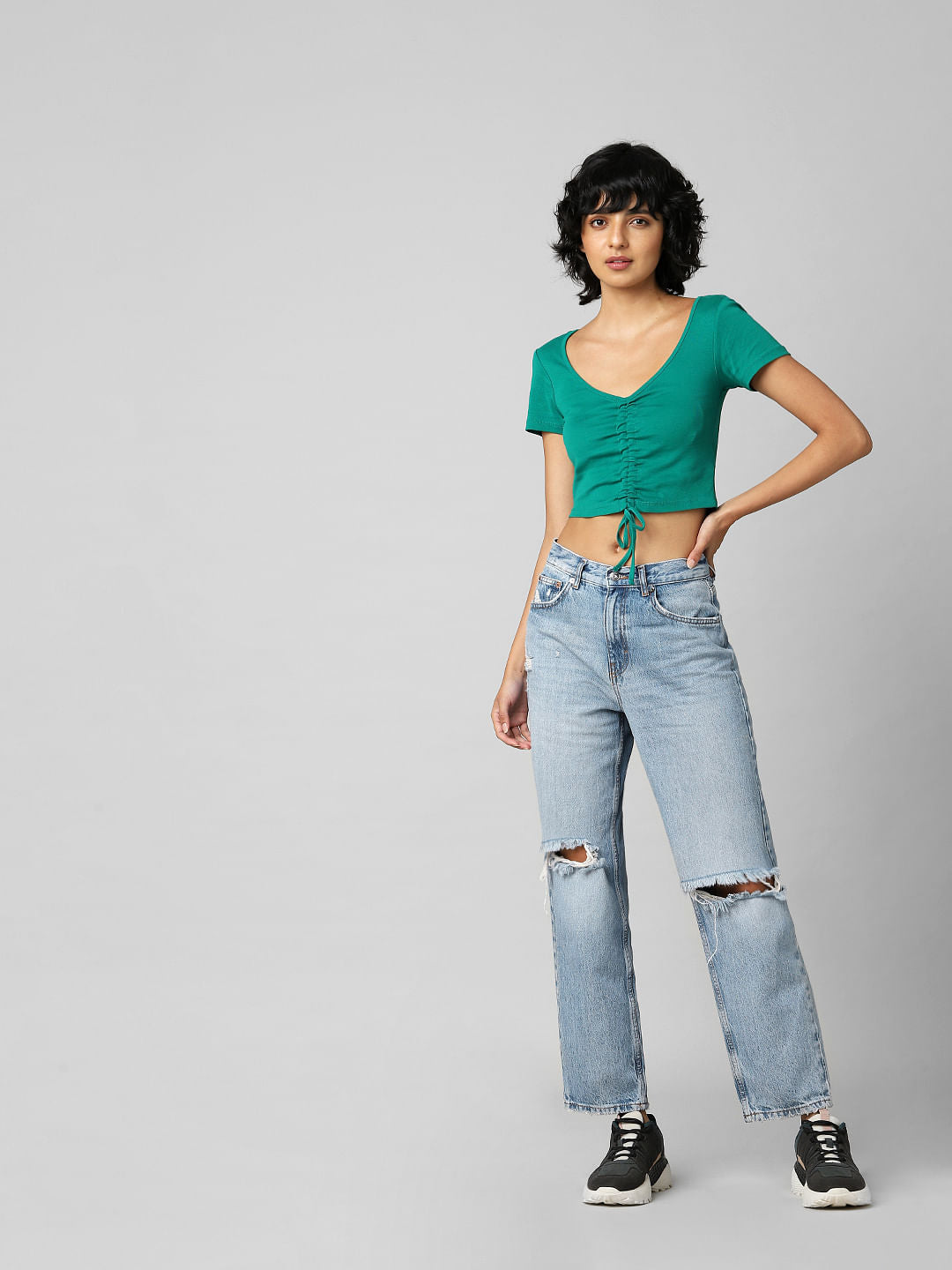 Green Ruching Ribbed Crop Top