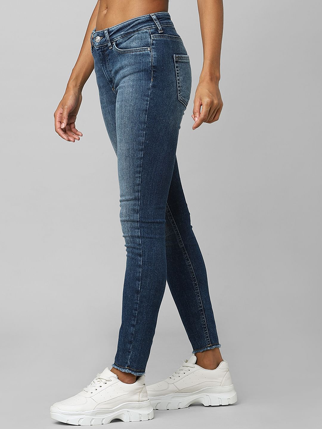 Blue Mid Rise Raw Edge Skinny Jeans
