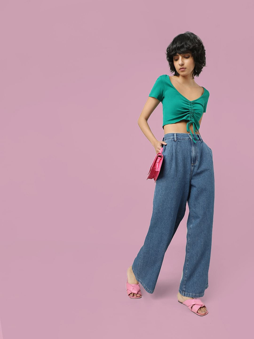 Blue Mid Rise Pleated Wide Leg Jeans