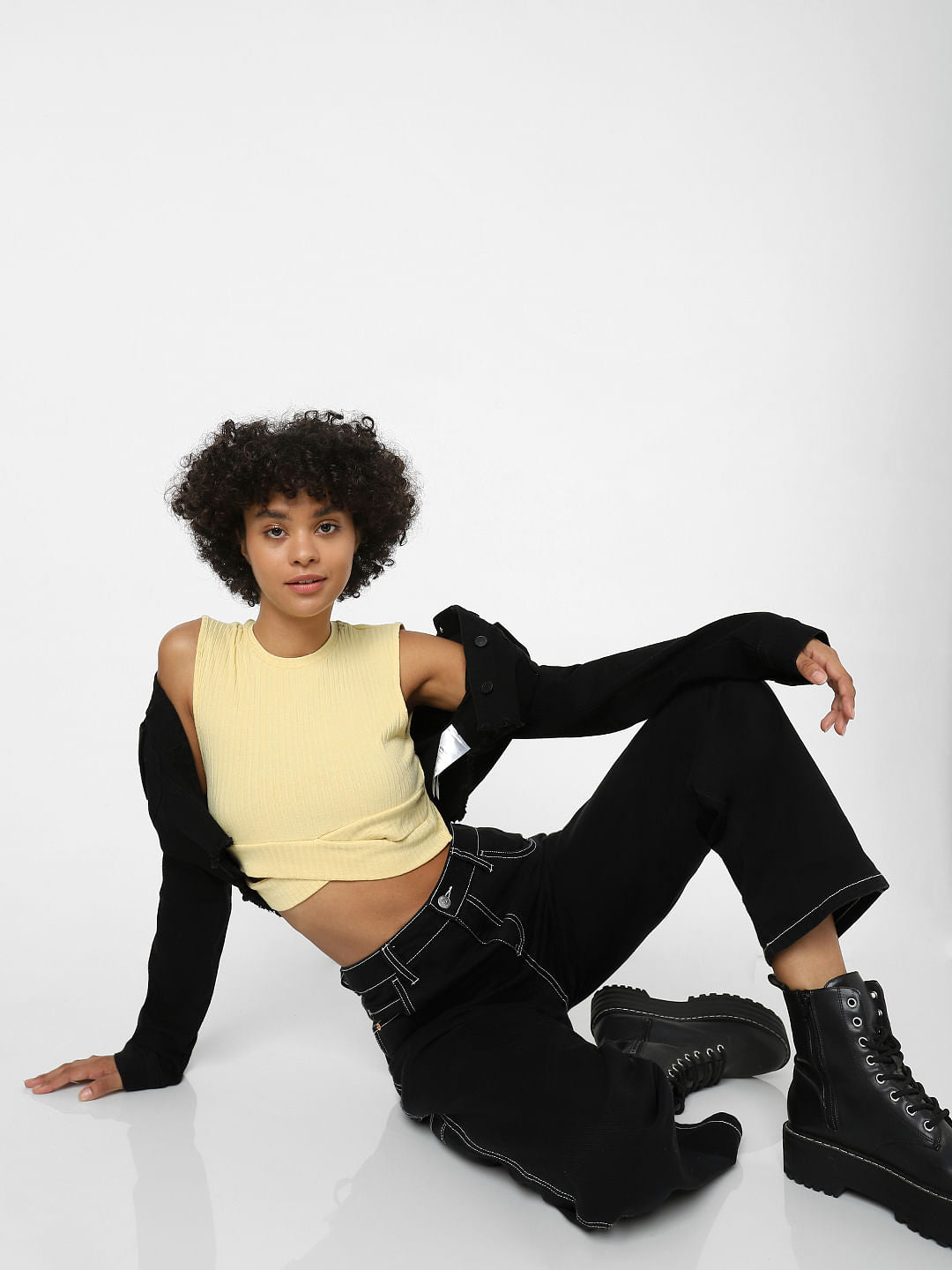 Yellow Ribbed Cut-Out Top