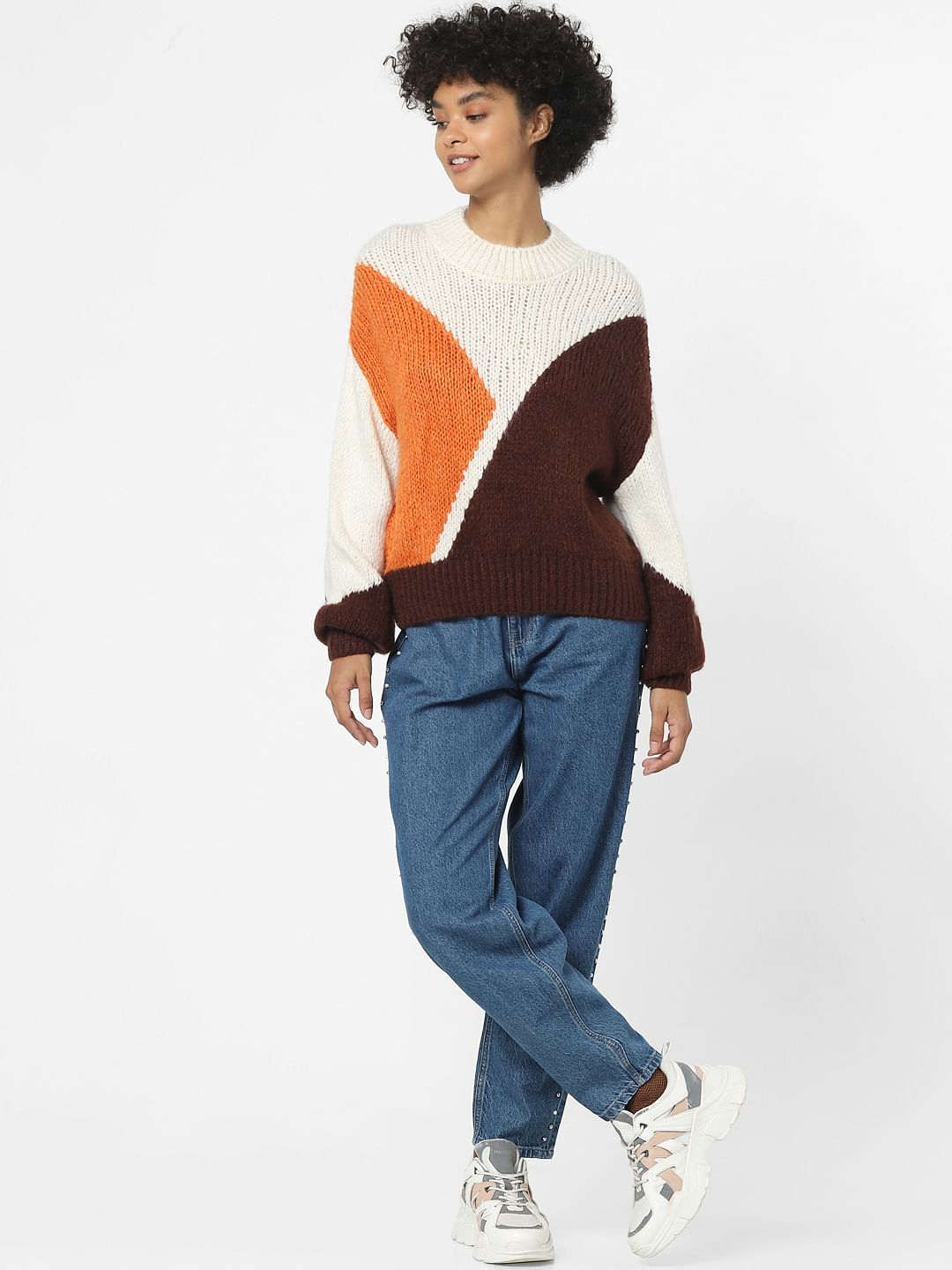 White Jacquard Colourblocked Pullover