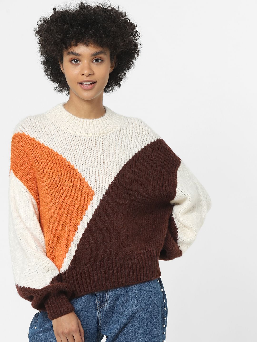 White Jacquard Colourblocked Pullover