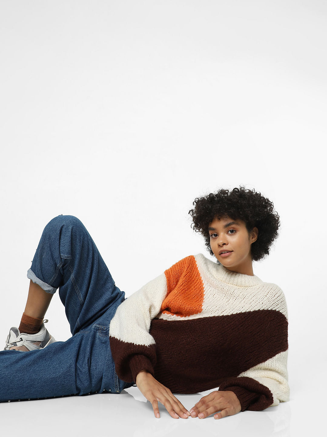 White Jacquard Colourblocked Pullover