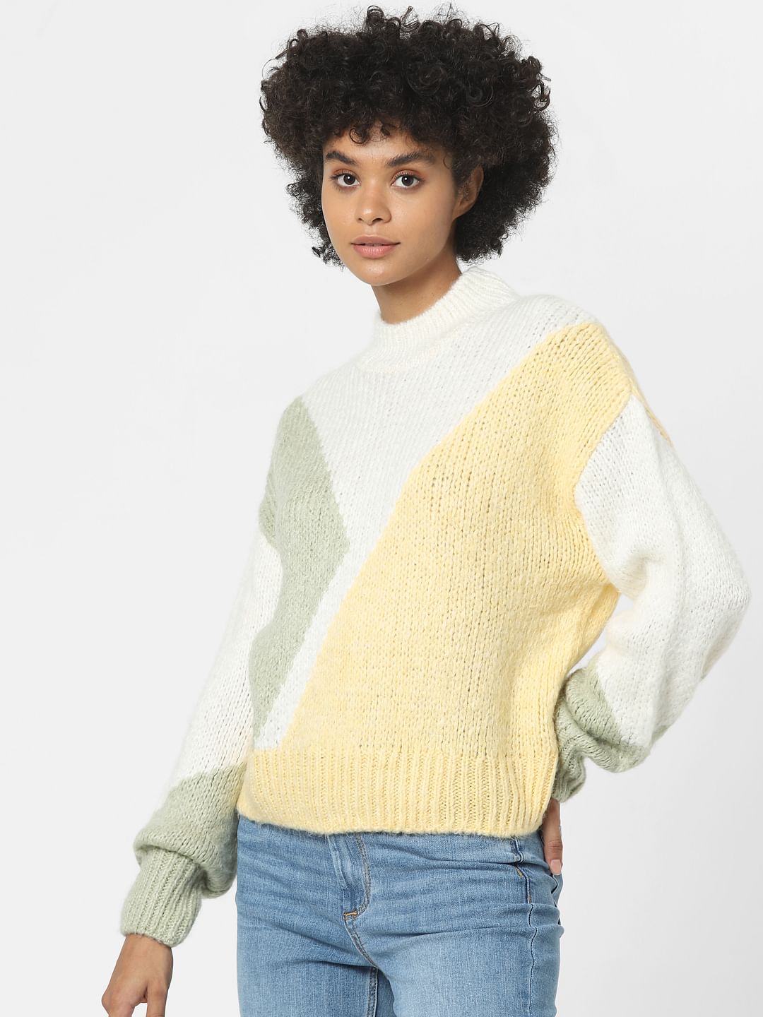 White Jacquard Colourblocked Pullover