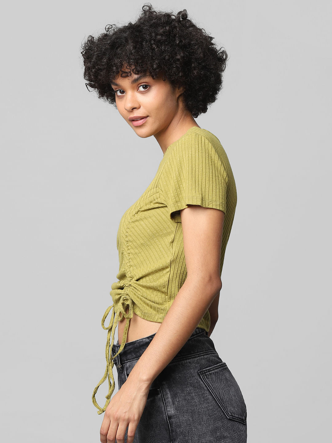 Green Drawstring-Side Ribbed Top
