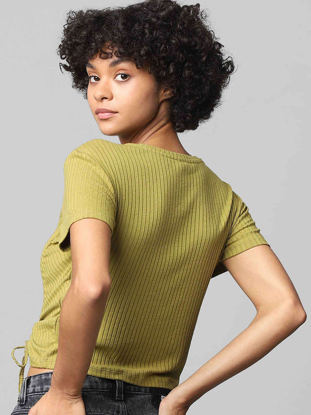 Green Drawstring-Side Ribbed Top