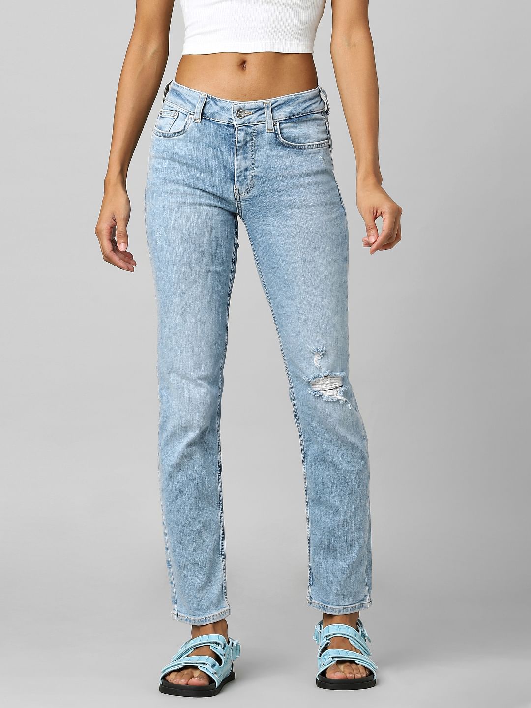 Light Blue Mid Rise Straight Fit Jeans