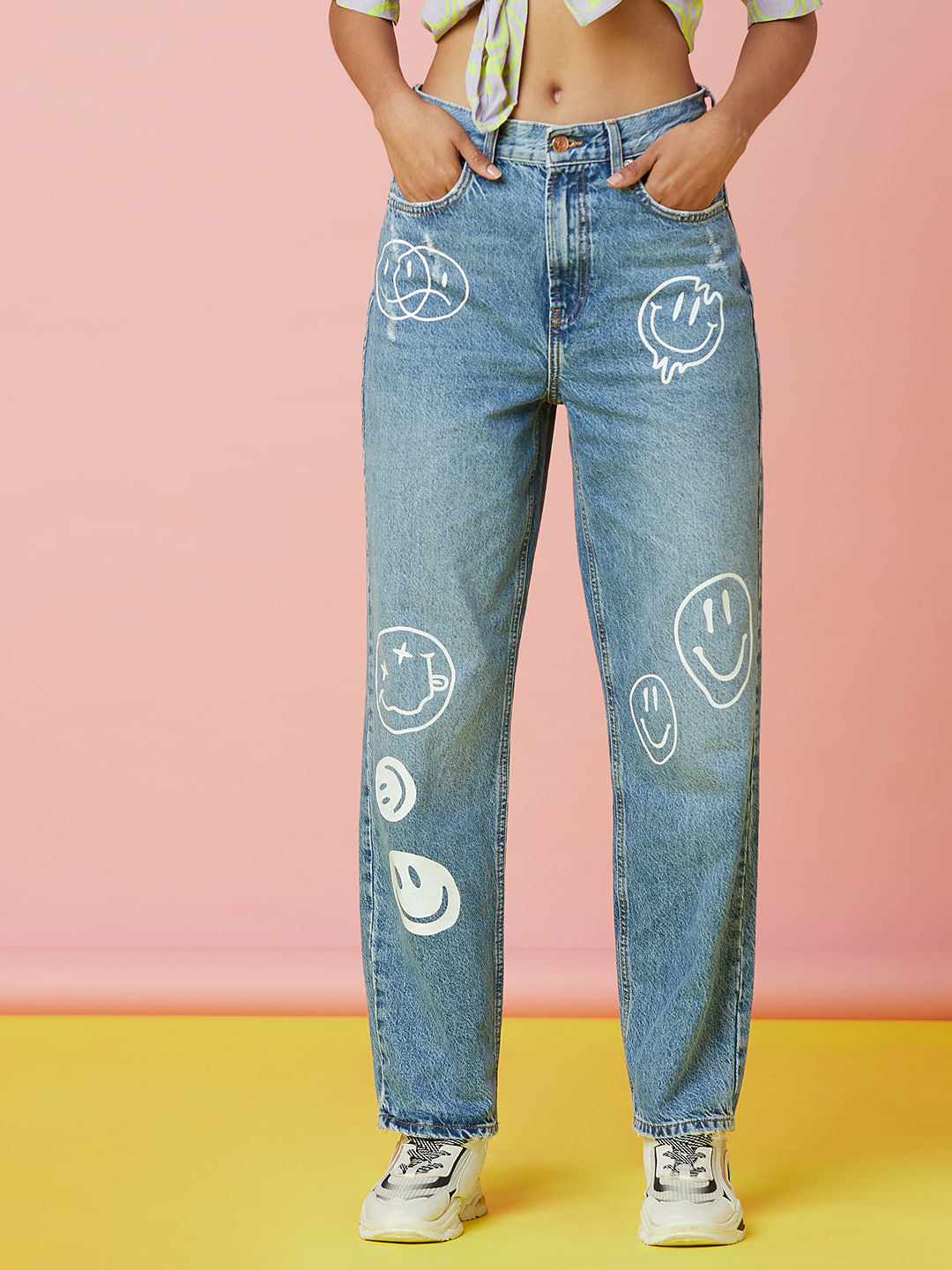 Only X Smiley   Blue High Rise Straight Fit Jeans