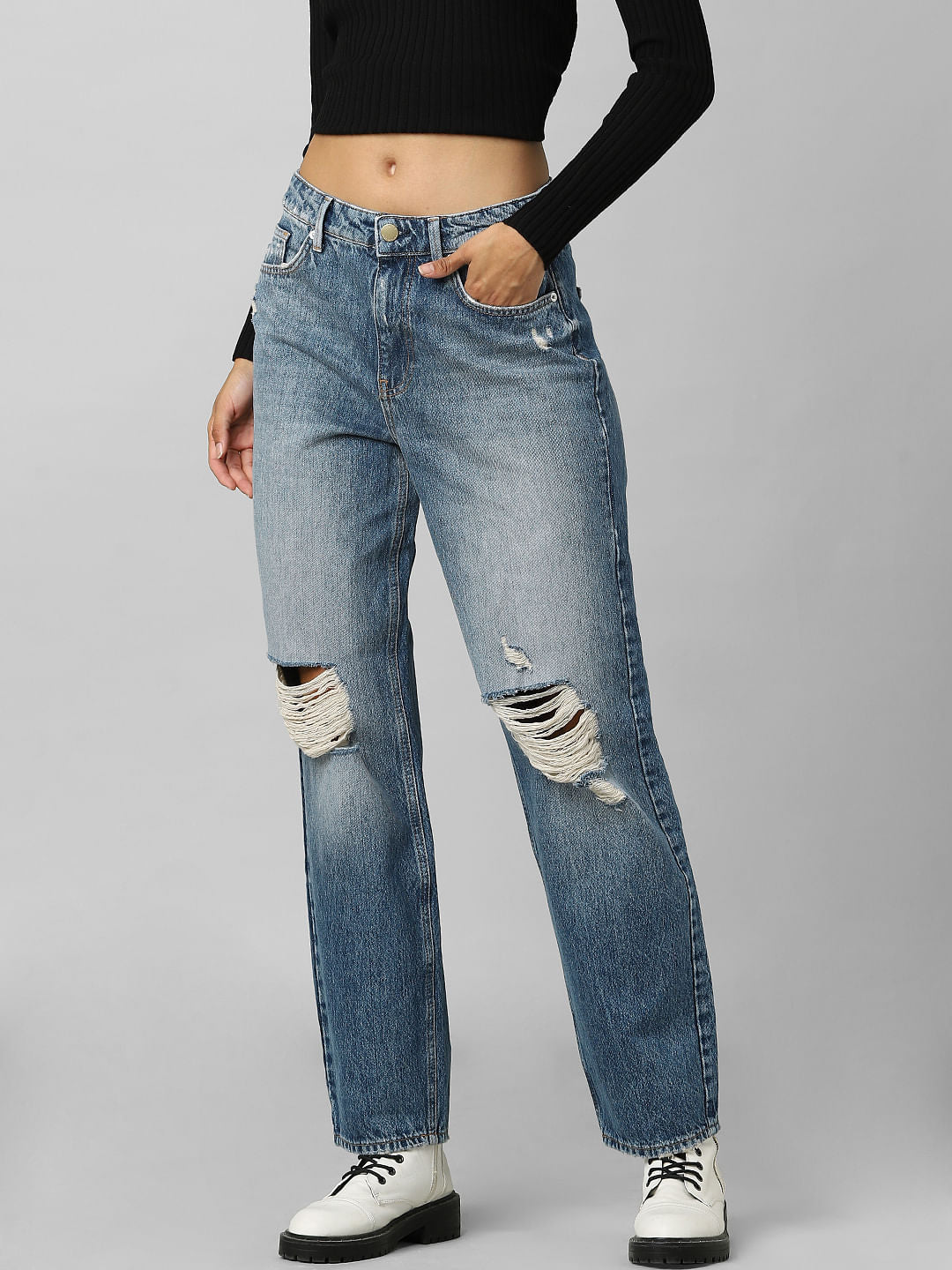 Blue High Rise Distressed Straight Fit Jeans