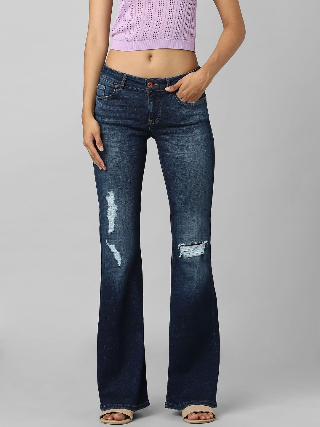 Dark Blue Low Rise Distressed Flared Jeans