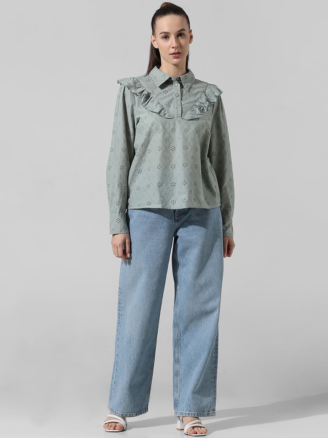 Grey Frill-Trimmed Shirt