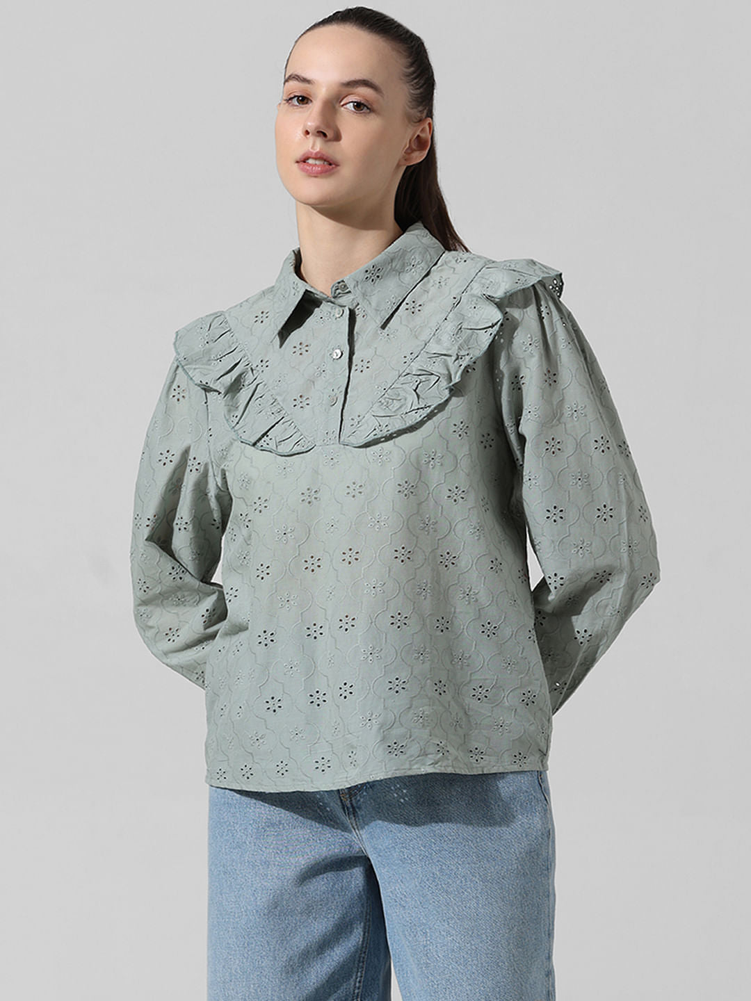 Grey Frill-Trimmed Shirt