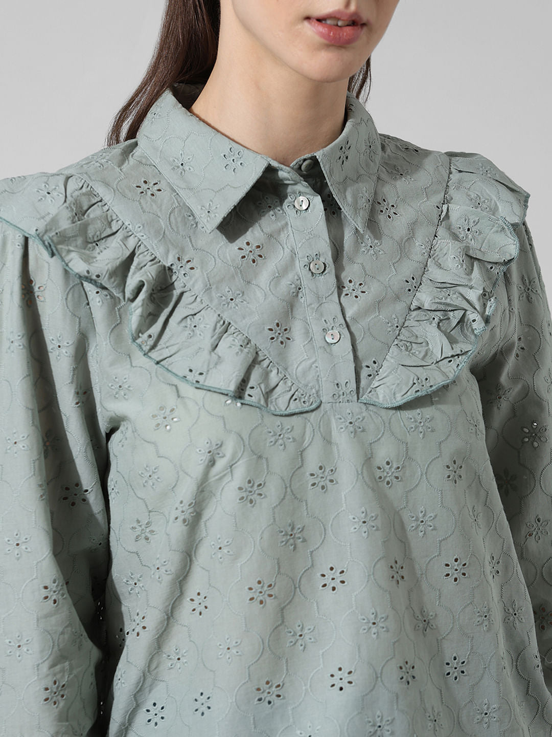 Grey Frill-Trimmed Shirt