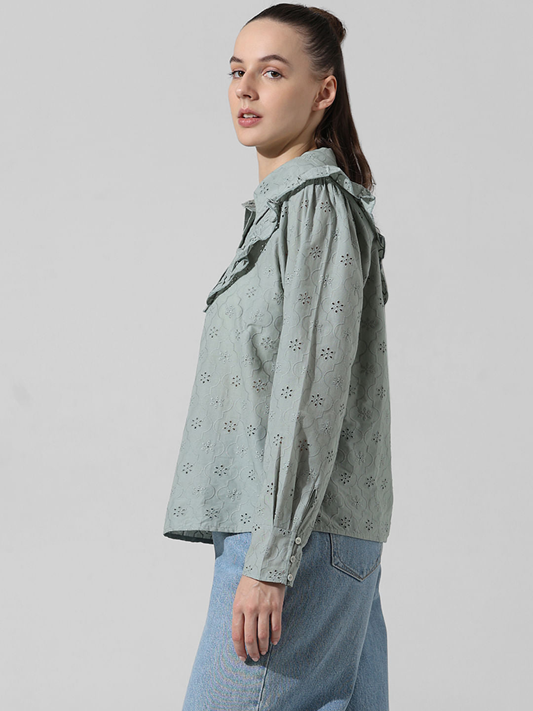 Grey Frill-Trimmed Shirt