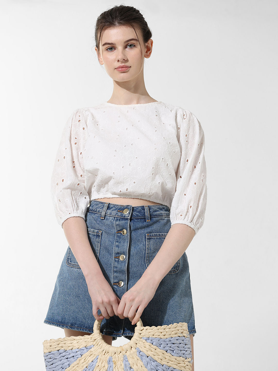 White Embroidered Cropped Top