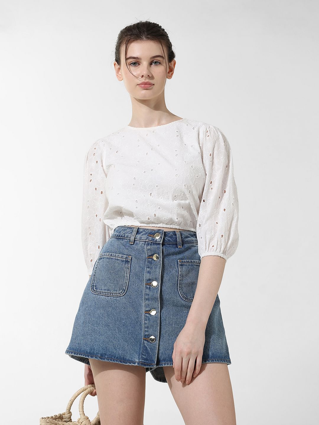 White Embroidered Cropped Top