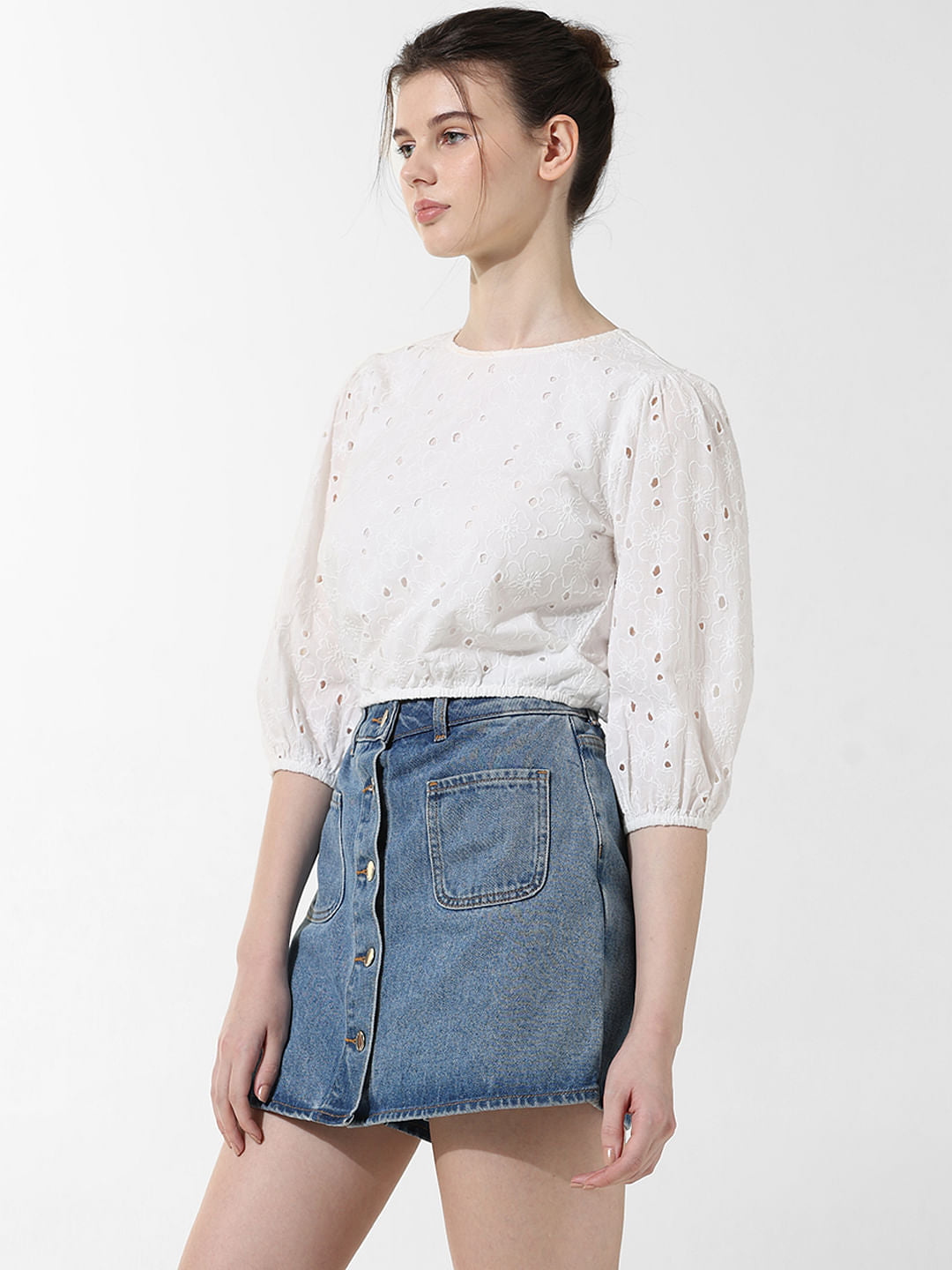 White Embroidered Cropped Top