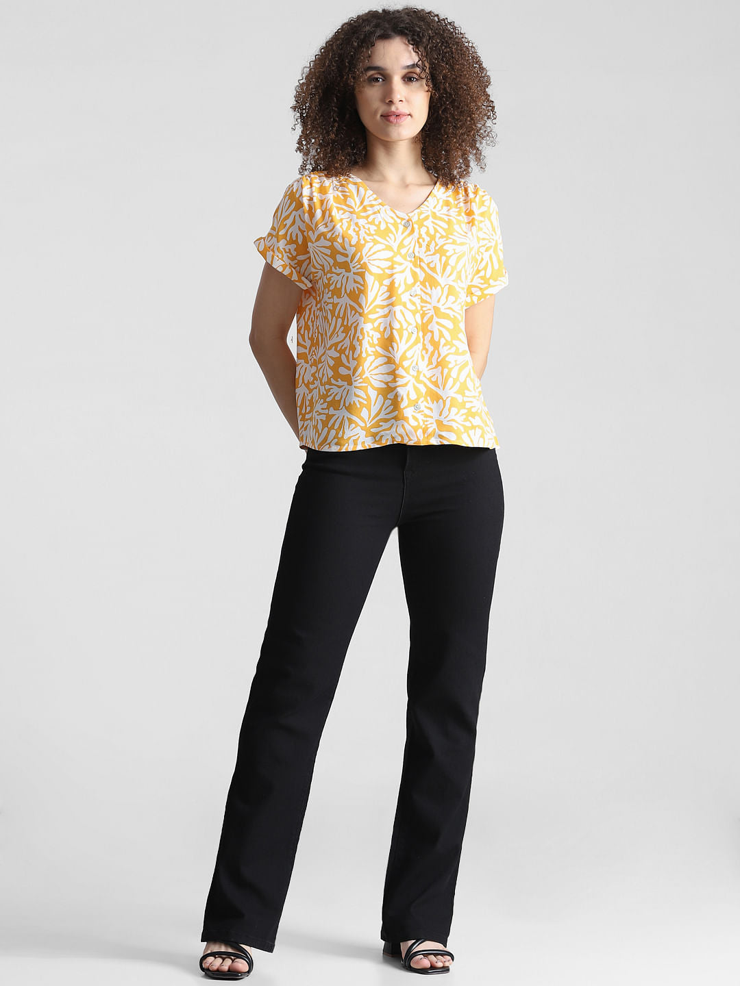 Yellow Printed V-Neck Top
