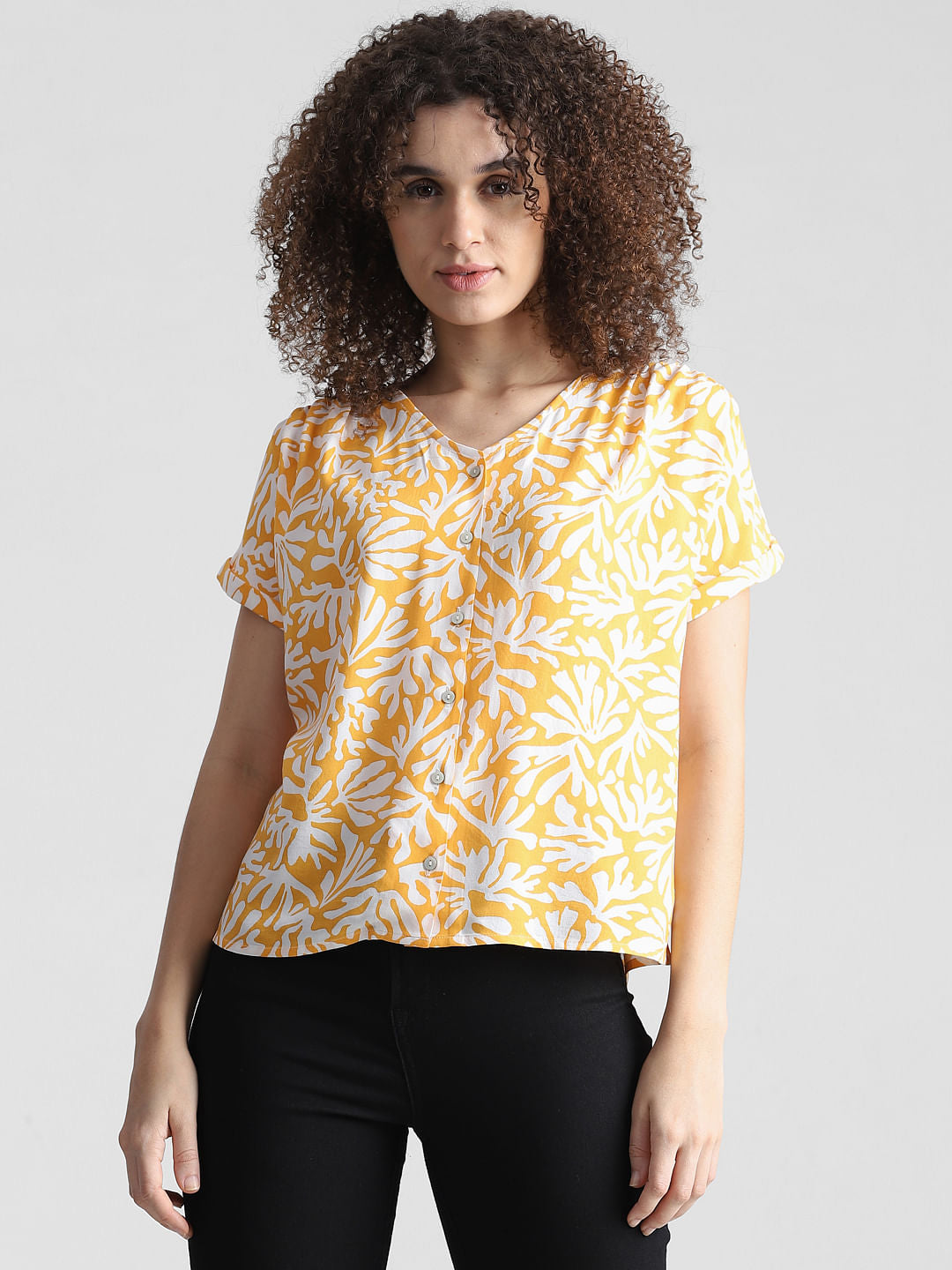 Yellow Printed V-Neck Top