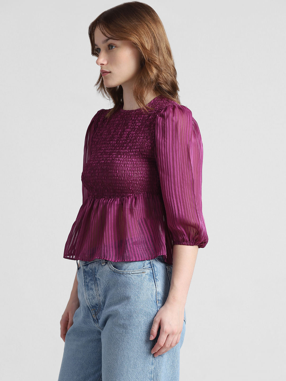 Purple Smocked Striped Top