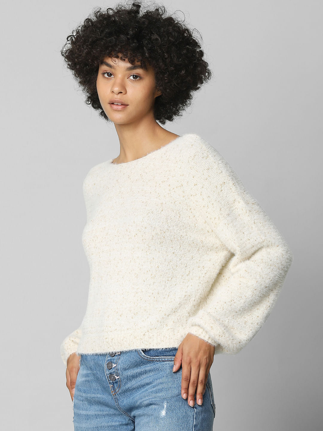 Beige Textured V-Neck Pullover