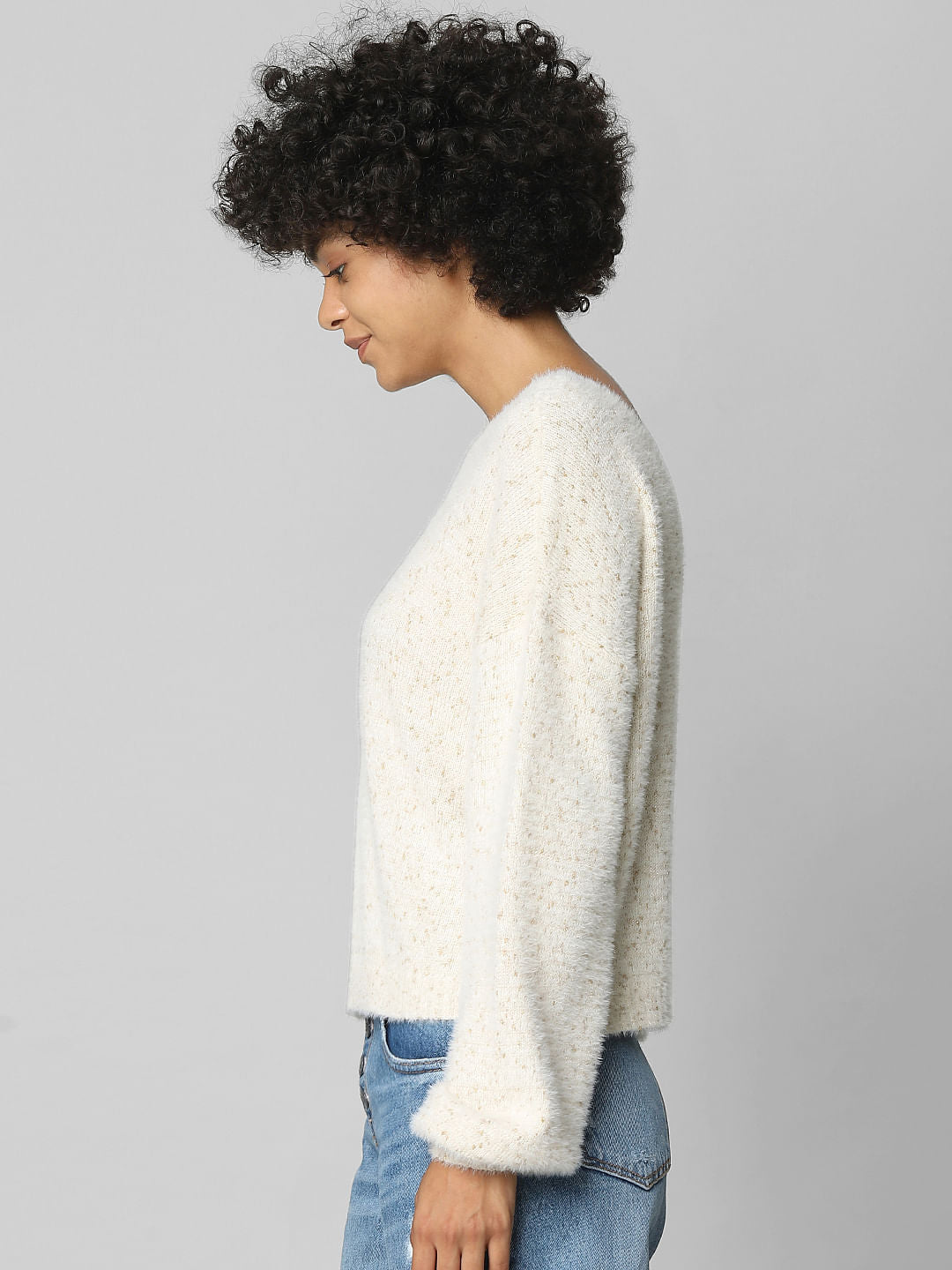 Beige Textured V-Neck Pullover