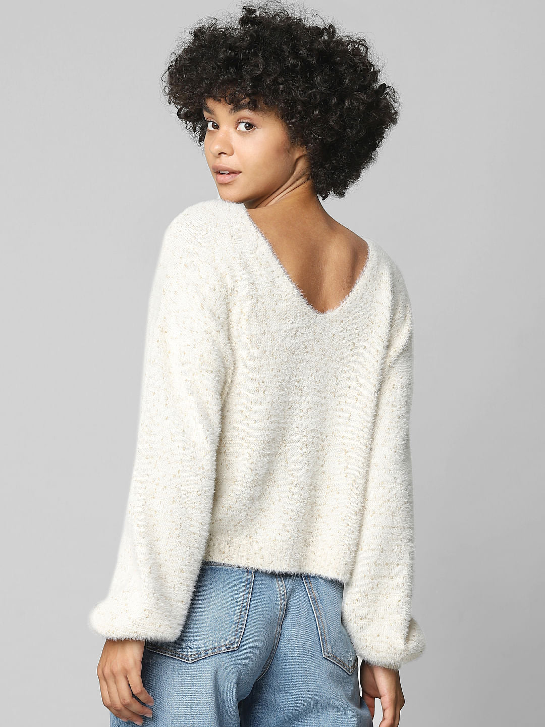 Beige Textured V-Neck Pullover
