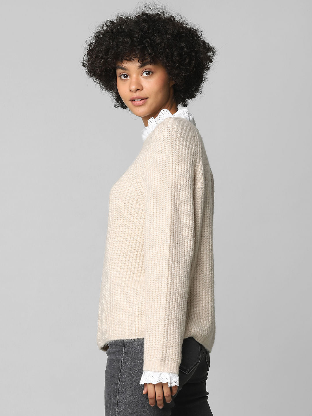 Beige Textured Schiffli Pullover