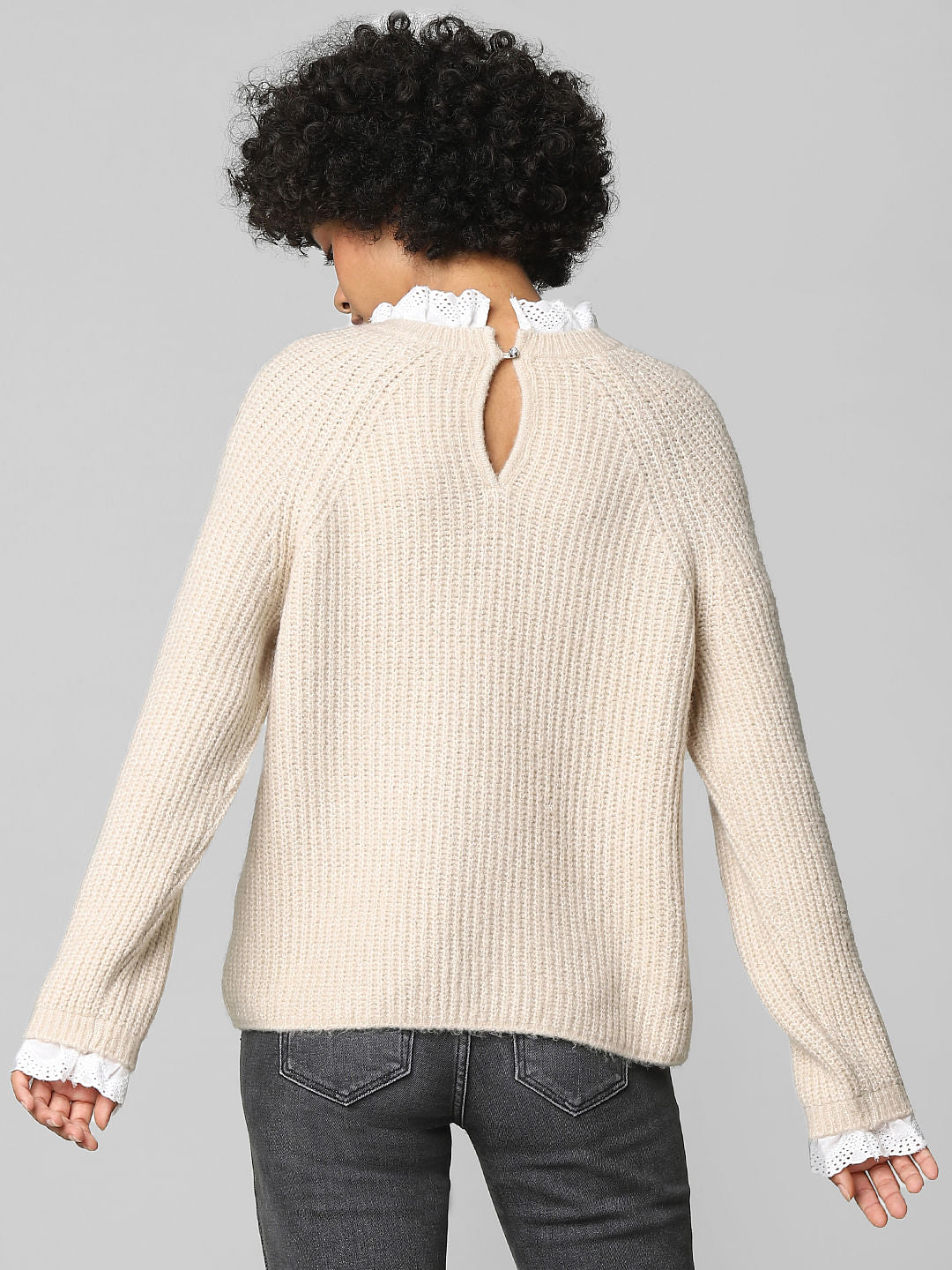 Beige Textured Schiffli Pullover