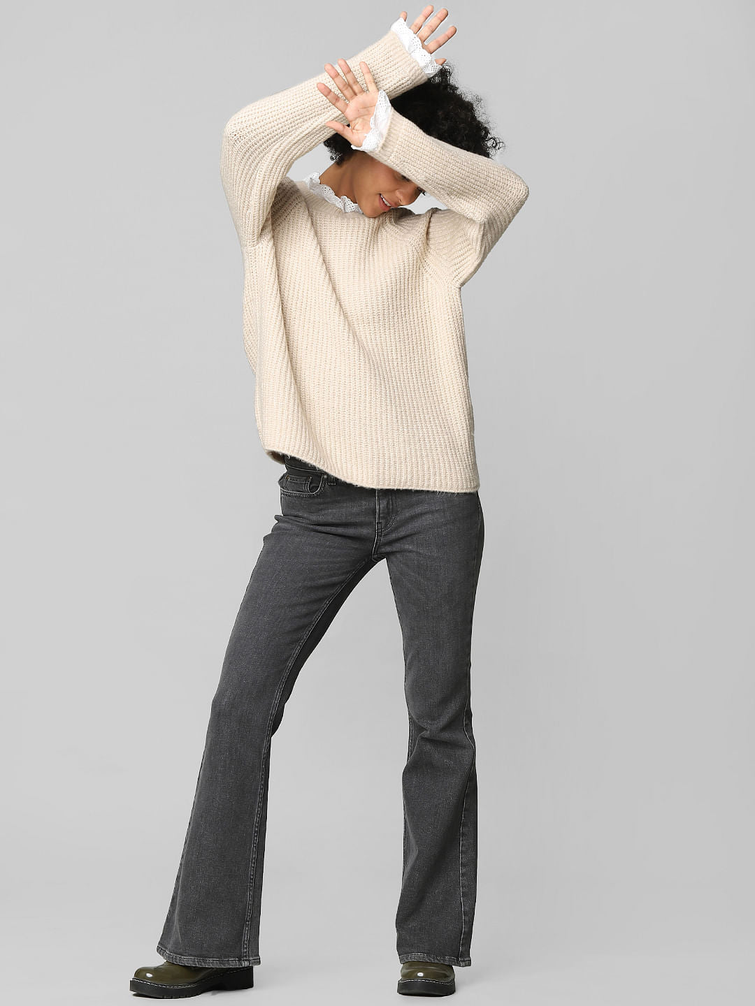 Beige Textured Schiffli Pullover