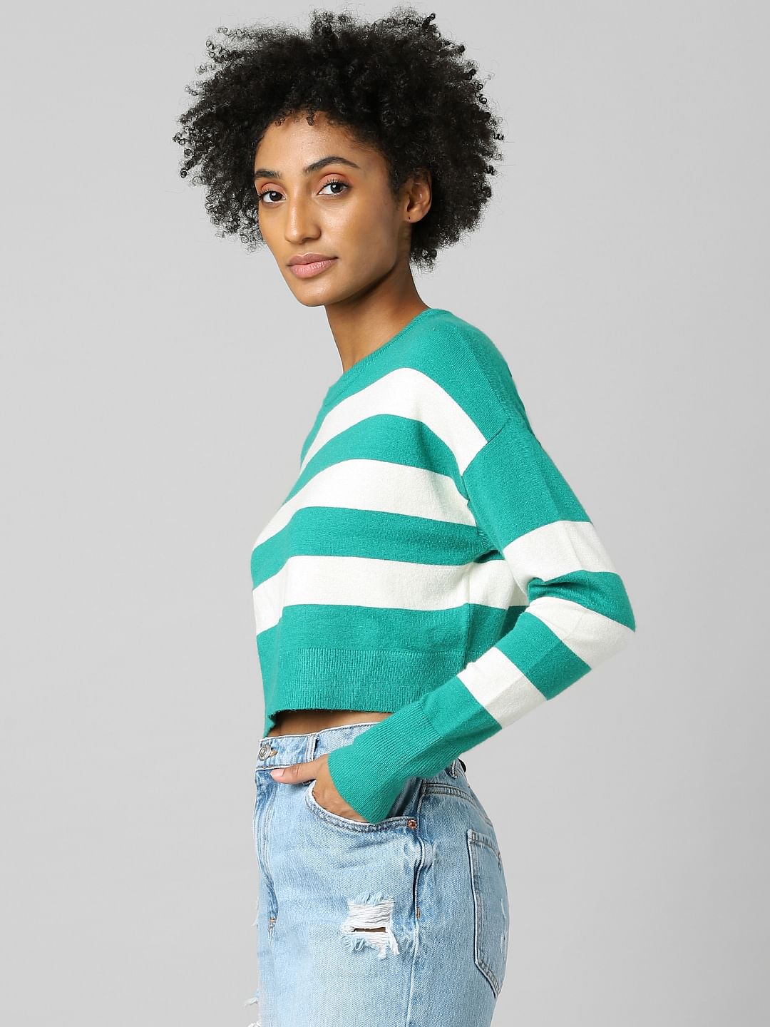 Green Striped Cropped Pullover
