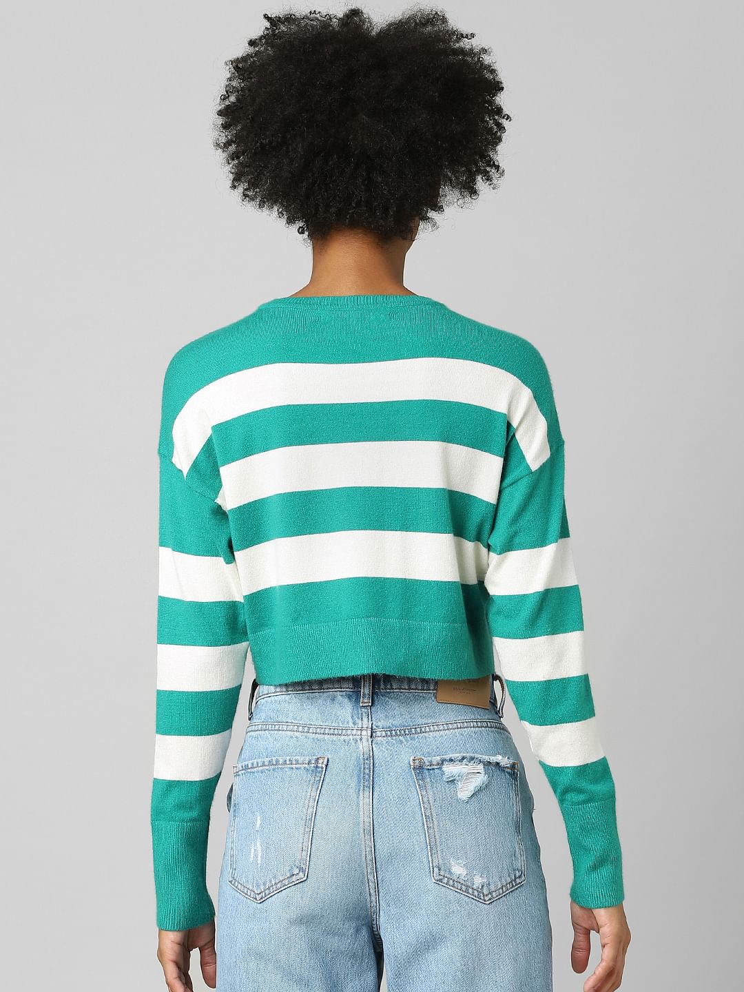 Green Striped Cropped Pullover