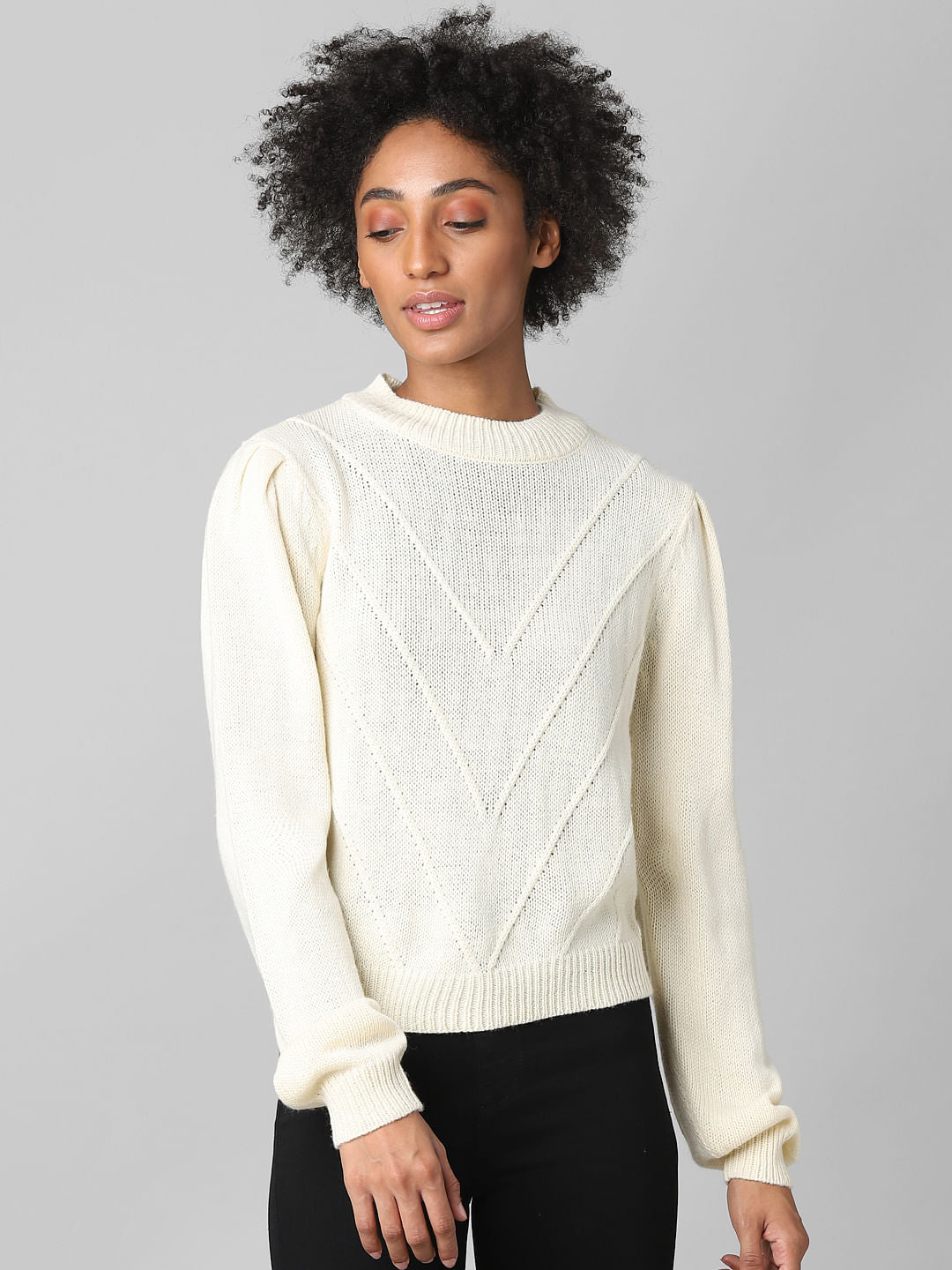 Beige Puff Sleeves Pullover