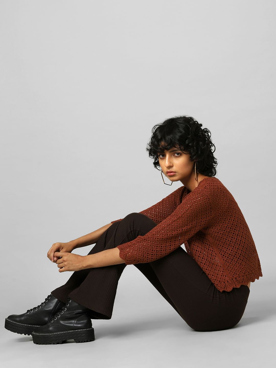 Brown Pointelle Cropped Pullover