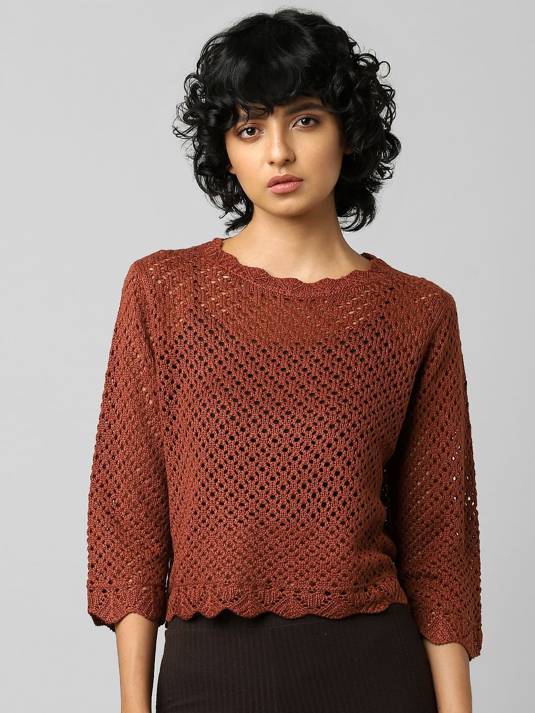 Brown Pointelle Cropped Pullover