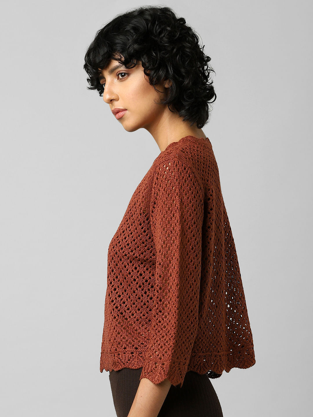 Brown Pointelle Cropped Pullover