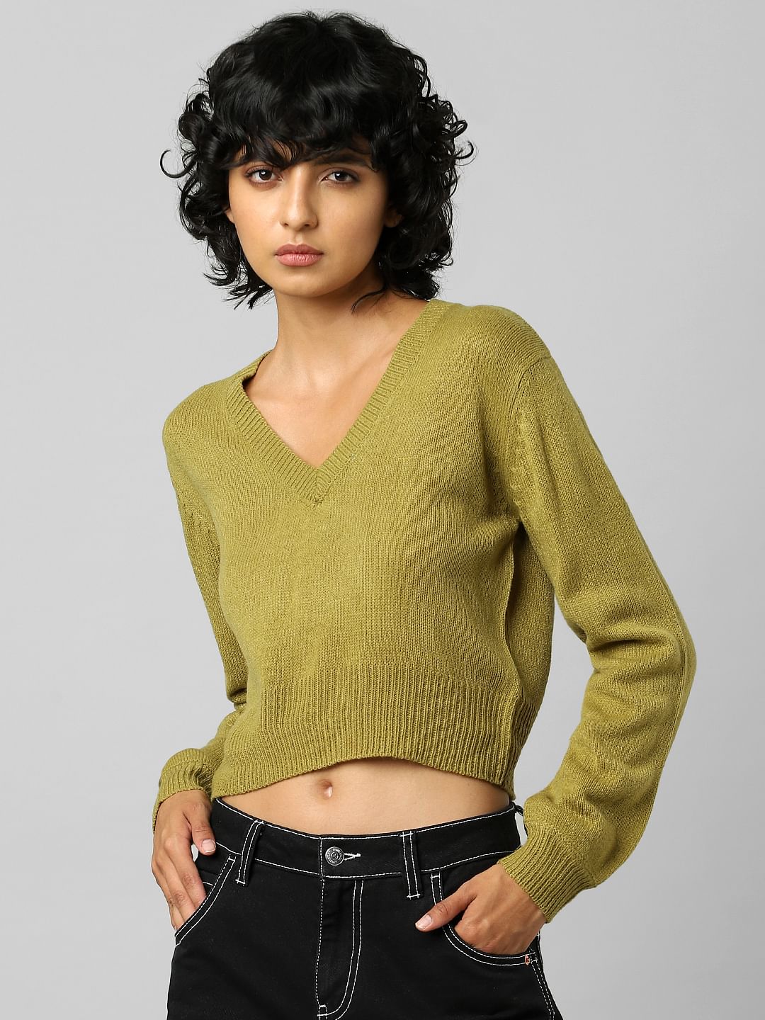 Green V-Neck Cropped Pullover