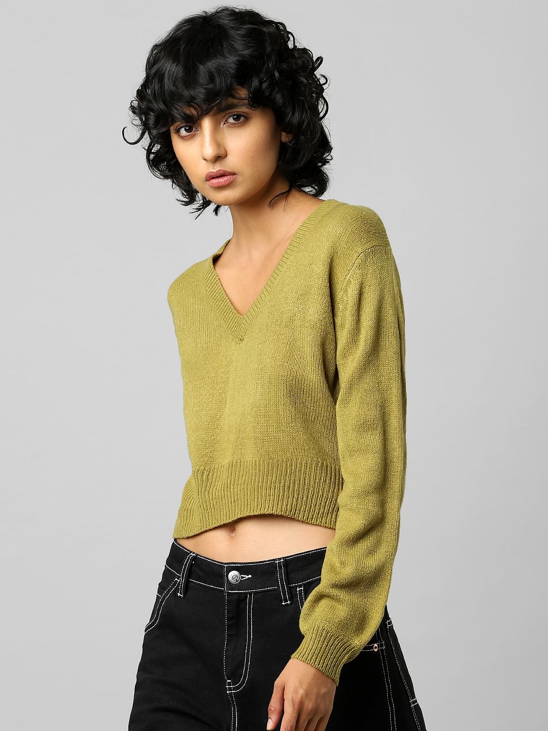 Green V-Neck Cropped Pullover