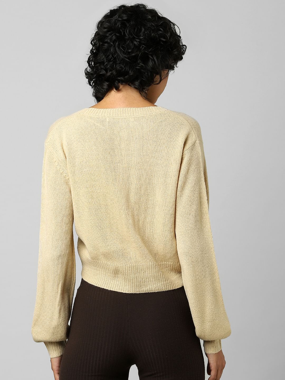 Light Brown V-Neck Cropped Pullover
