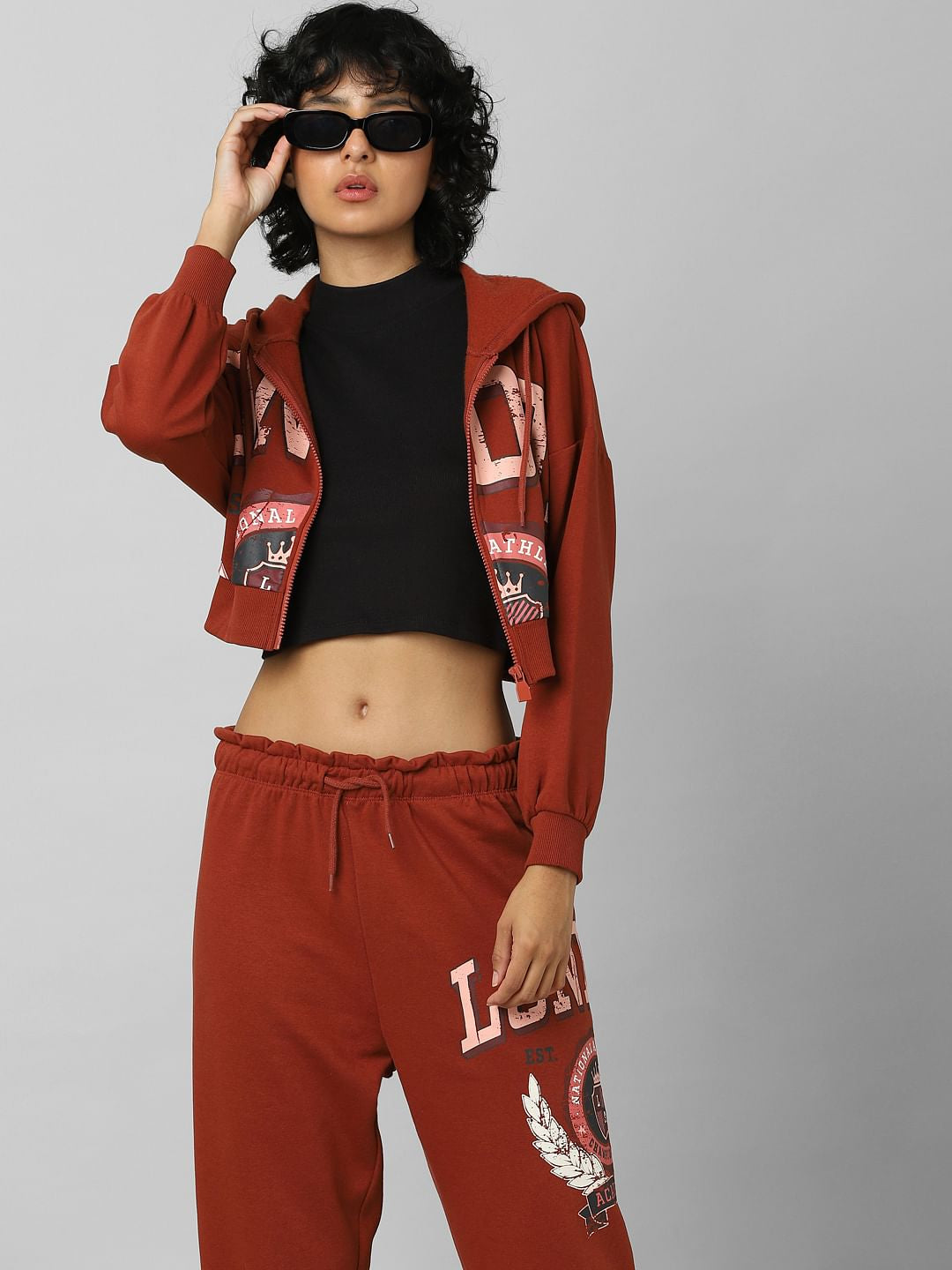 Brown Printed Zipped Co-Ord Sweatshirt