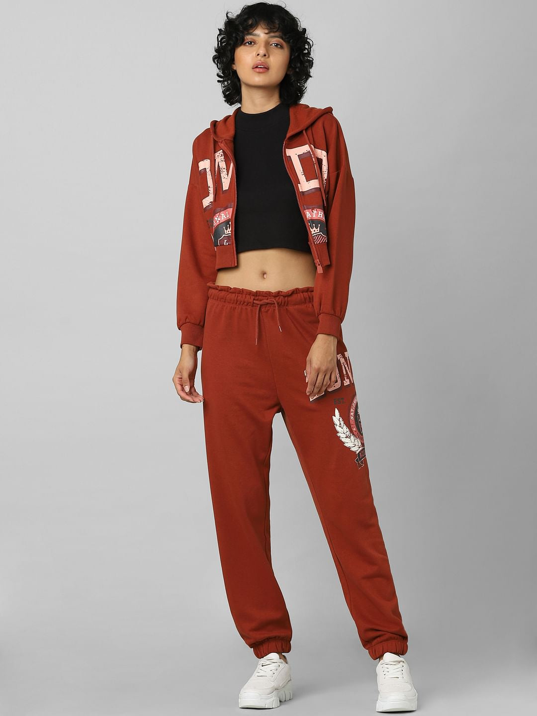 Brown Printed Zipped Co-Ord Sweatshirt