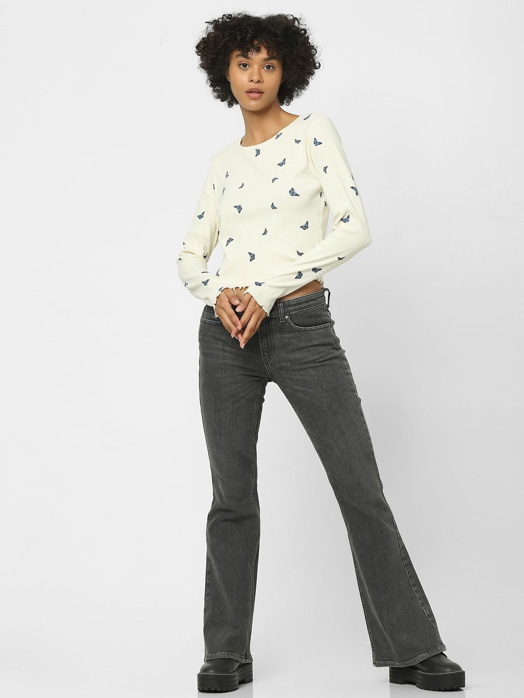 Cream Butterfly Print Cropped Top